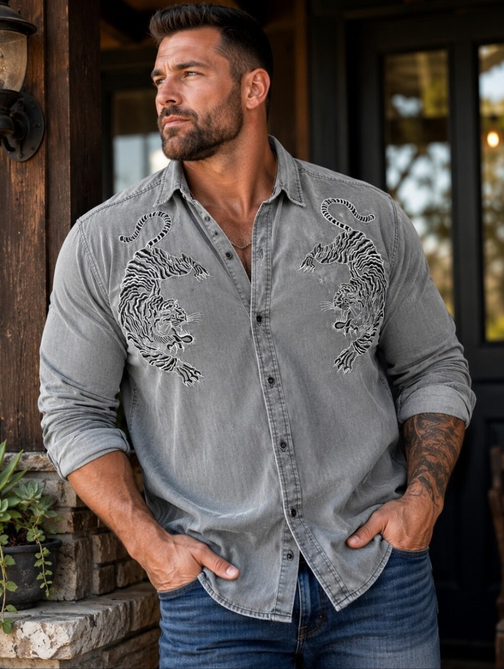 INC Mens 3XL Gray Embroidered Tiger Distressed Button Up Shirt Y2K New